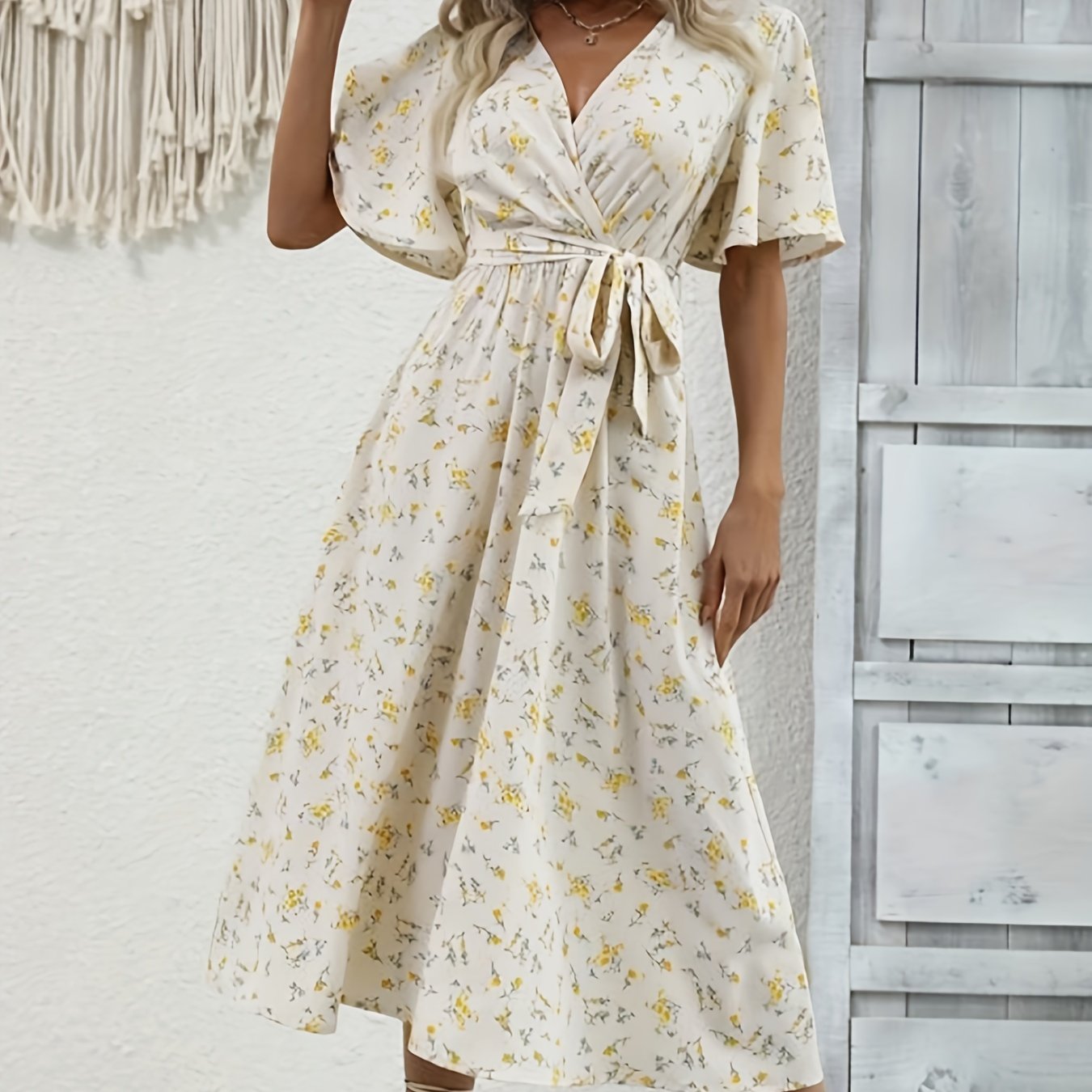 Sixsr Flutter Sleeve V Neck Belted Dress, Floral Print Short Sleeve Vacation Casual Dress For Summer & Spring, Women's Clothing