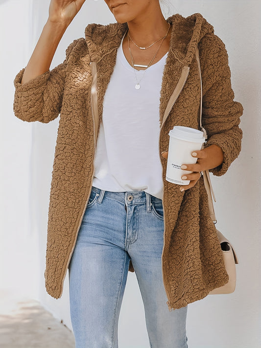 Sixsr Plus Size Casual Coat, Women's Plus Solid Fluffy Long Sleeve Zip Up Hooded Teddy Coat
