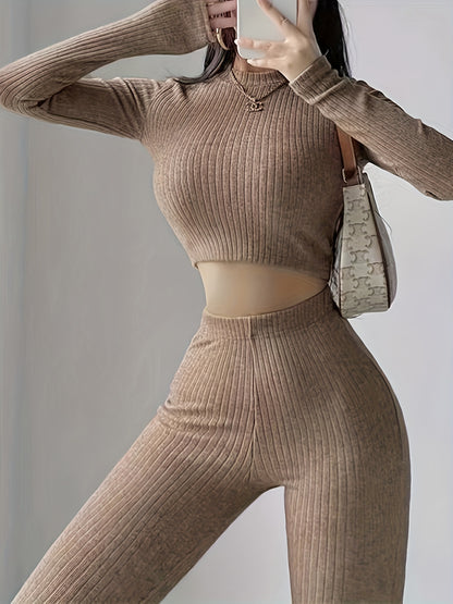 Sixsr Ribbed Two-piece Set, Sexy Mock Neck Long Sleeve Crop T-shirt & High Waist Flare Leg Pants, Women's Clothing