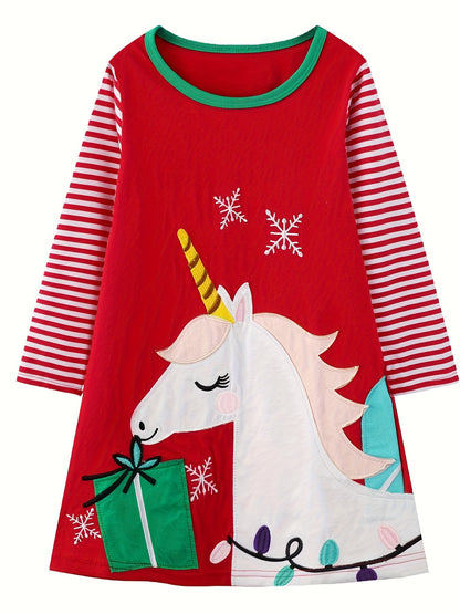 Magical Unicorn Embroidered Long Sleeve Cotton Dress for Toddler Kids - Soft, Breathable, and Adorable Design for 2-8 Years Old - Perfect for Christmas, Fall, and Winter Occasions