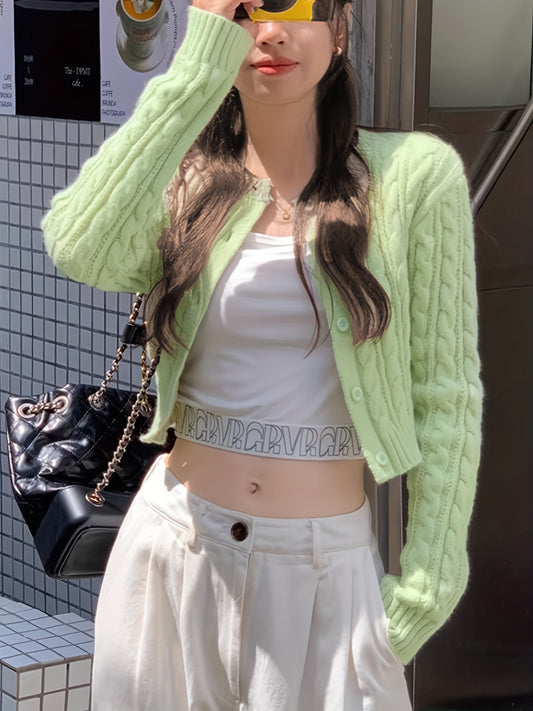 Sixsr Y2K Solid Button Up Cable Knit Cardigan, Casual Long Sleeve Crop Sweater, Women's Clothing