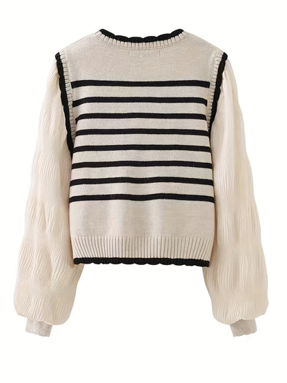 Women's Striped Knit Sweater - Comfortable and Versatile Crew Neck Sleeve Sweater