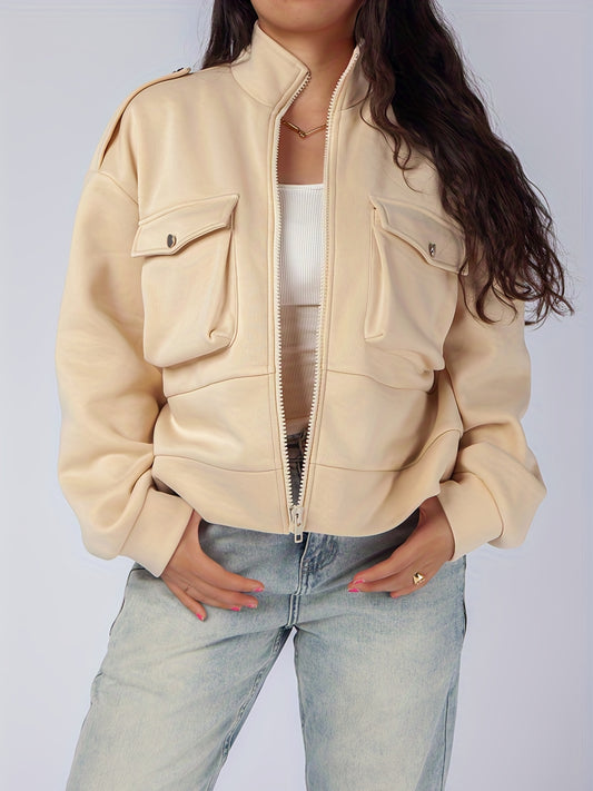 Sixsr Plus Size Casual Jacket, Women's Plus Solid Zipper Long Sleeve Mock Neck Slight Stretch Jacket