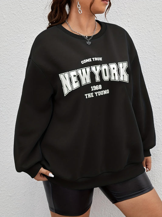 Sixsr Plus Size Casual Sweatshirt, Women's Plus Letter Print Drop Shoulder Long Sleeve Round Neck Sweatshirt