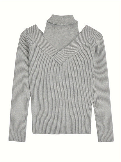 Sixsr Cold Shoulder Choker Neck Sweater, Chic Long Sleeve Sweater For Fall & Winter, Women's Clothing