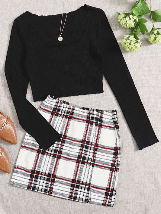 Sixsr Women's Stylish Two Piece Set, Solid Square Neck Crop Top & Plaid High Waist Mini Skirt, Women's Clothing