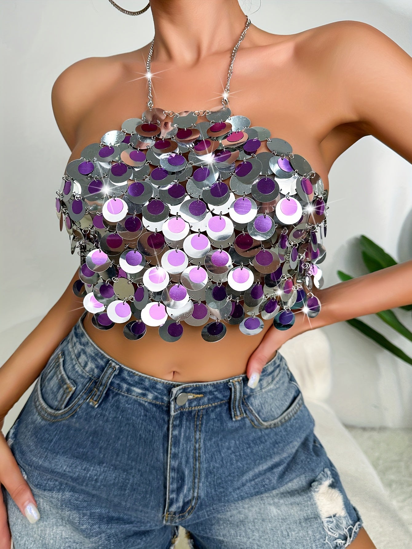 Sixsr  Contrast Sequin Halter Top, Club Wear Nightout Chain Strap Backless Crop Top, Women's Clothing