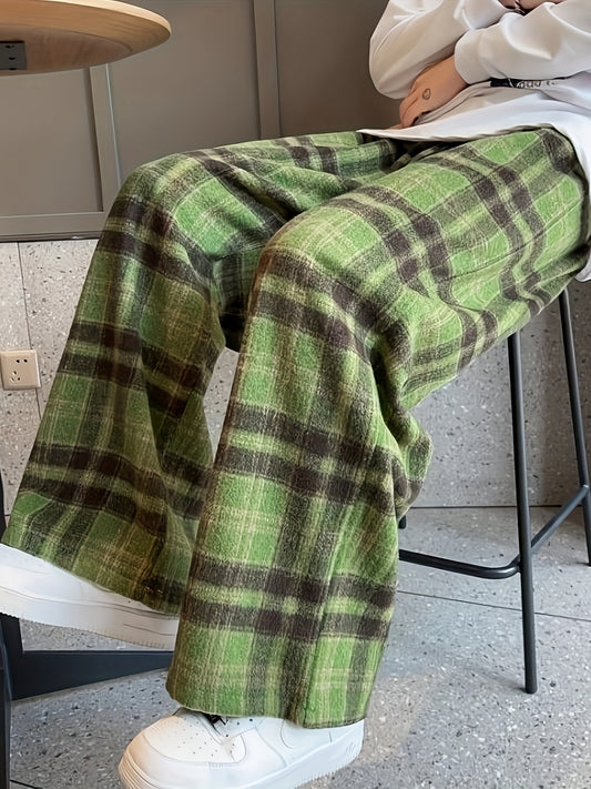 Sixsr Plaid Pattern Drawstring Pants, Vintage Wide Leg Pants For Spring & Fall, Women's Clothing