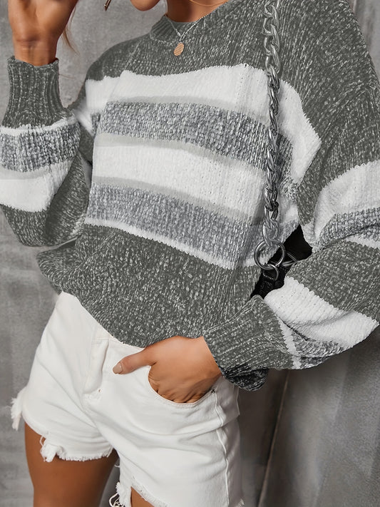 Sixsr Color Block Crew Neck Pullover Sweater, Casual Long Sleeve Loose Sweater, Women's Clothing