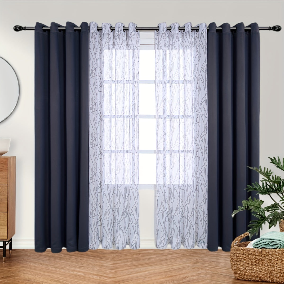 1 Panel Branch Printed Sheer Curtain + 1 Panel Blackout Curtain - Panels for Bedroom, Office, Living Room Home Decor with Grommet Top Window Drapes