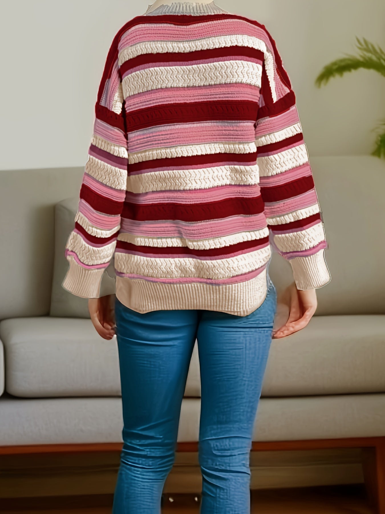 Sixsr Striped Crew Neck Pullover Sweater, Casual Long Sleeve Loose Warm Winter Sweater, Women's Clothing