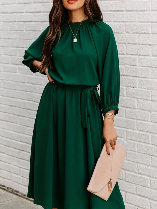 Sixsr Long Sleeve Tie Waist Midi Dress, Solid Casual Dress For Spring & Fall, Women's Clothing