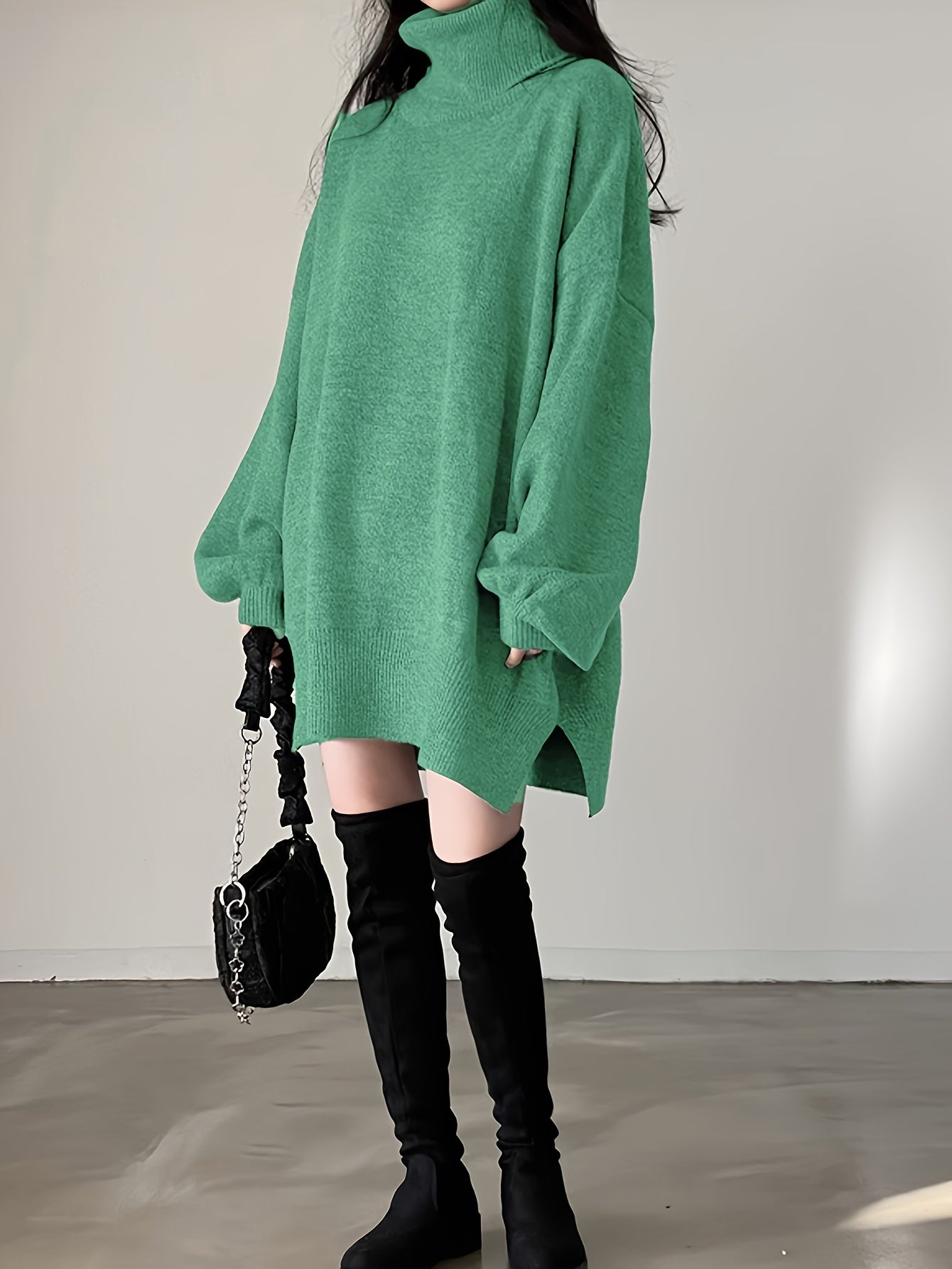 Sixsr Solid Turtle Neck Oversized Sweater, Casual Long Sleeve Split Sweater, Women's Clothing