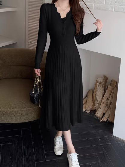 Sixsr Ribbed Solid Sweater Dress, Casual V Neck Long Sleeve Midi Dress, Women's Clothing