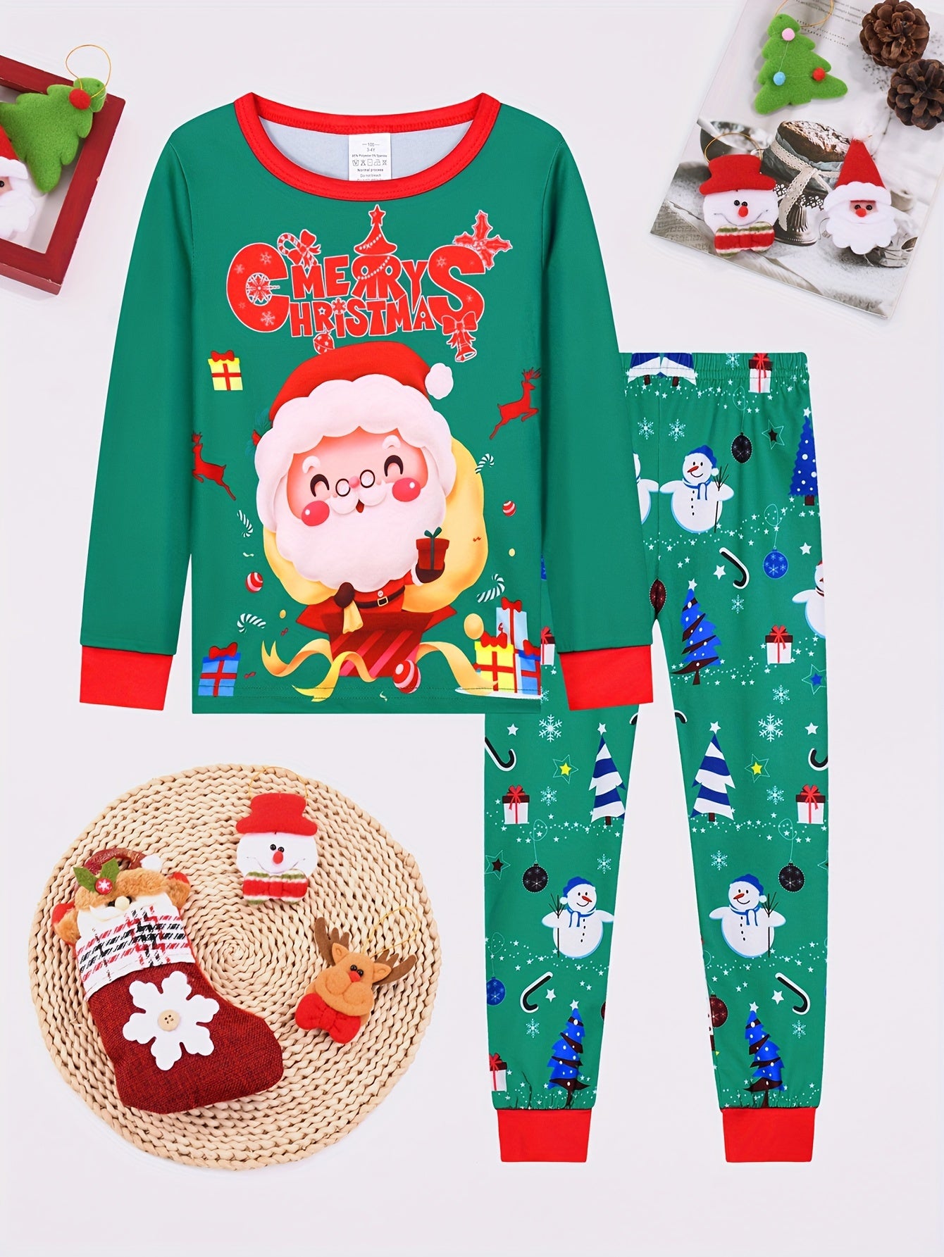 Children's Christmas Pajama Sets with Santa Digital Print, Knitted Fabric, Polyester 95%, Spandex 5%, Crew Neck, Slight Stretch, Fall/Winter, Flame Retardant, Comfortable Long Sleeve and Pants Sleepwear for Boys & Girls