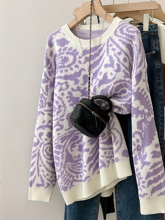 Sixsr Allover Pattern Crew Neck Pullover Sweater, Casual Long Sleeve Loose Sweater, Women's Clothing