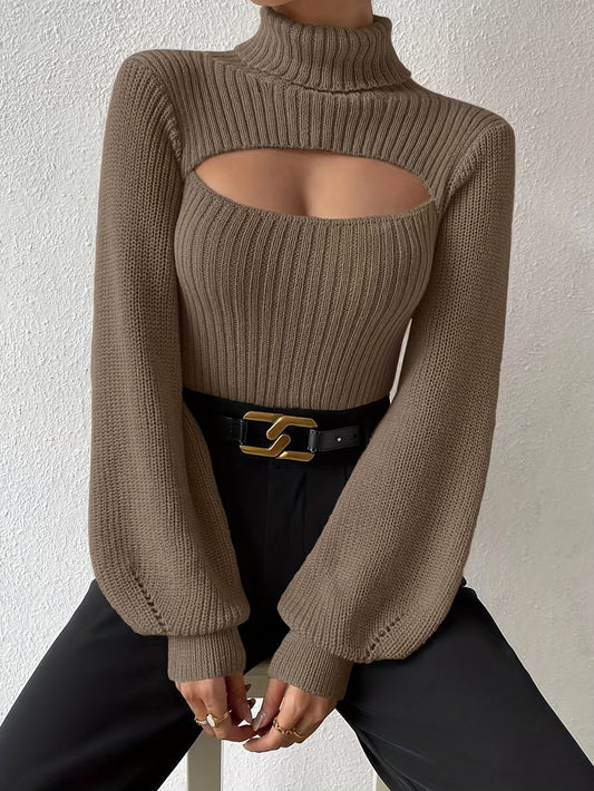 Sixsr Turtleneck Cut Out Knit Sweater, Casual Solid Long Sleeve Sweater, Women's Clothing