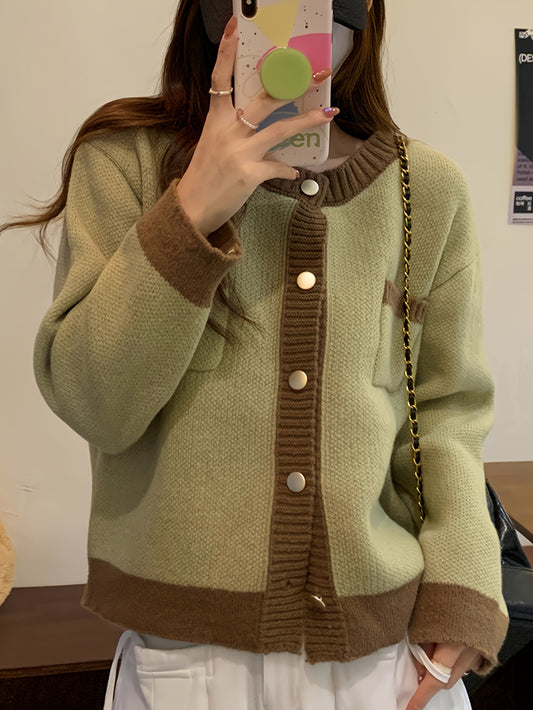Sixsr Contrast Trim Button Up Knit Cardigan, Casual Crew Neck Long Sleeve Pocket Sweater, Women's Clothing