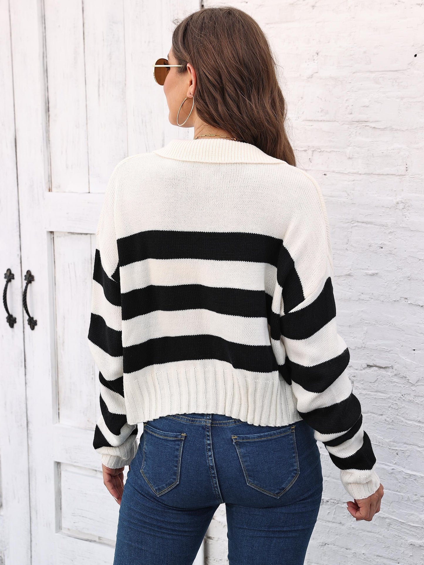 Striped V Neck Pullover Sweater, Casual Long Sleeve Drop Shoulder Sweater, Women's Clothing