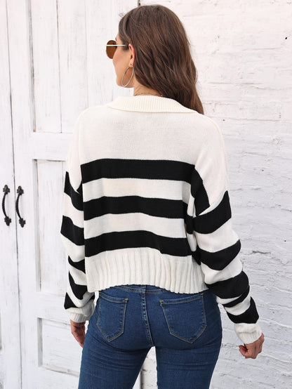 Striped V Neck Pullover Sweater, Casual Long Sleeve Drop Shoulder Sweater, Women's Clothing