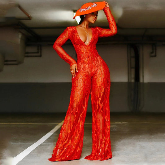 spring and summer new New  women's clothing  wish jumpsuit sprinkling gold deep V bright red wide-leg pants