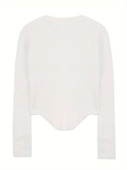 Sixsr Solid Button Up Pullover Sweater, Casual Long Sleeve Hanky Hem Sweater, Women's Clothing