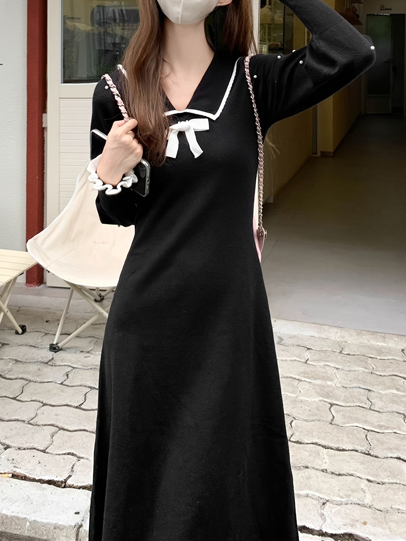 Sixsr Bow Decor Collared Beaded Dress, Chic Long Sleeve A-line Midi Dress, Women's Clothing