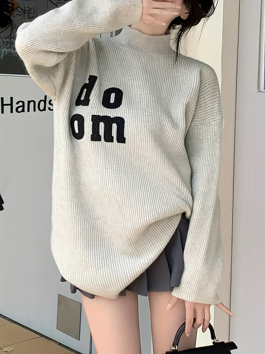 Sixsr Letter Pattern Mock Neck Pullover Sweater, Versatile Long Sleeve Loose Sweater For Fall & Winter, Women's Clothing