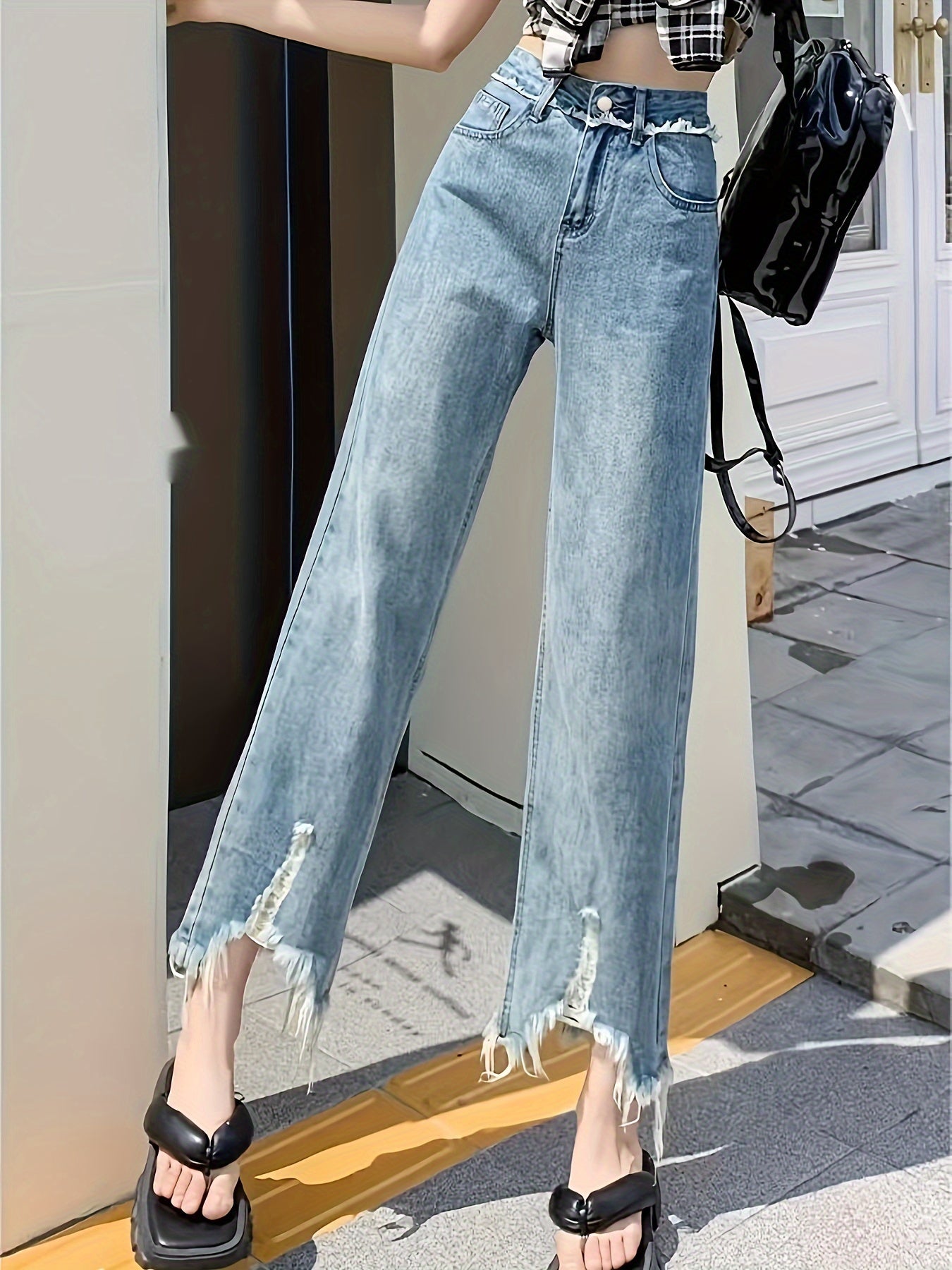 Sixsr Frayed Raw Trim Wide Leg Jeans, High Waist Slant Pocket Elegant Loose Denim Pants, Women's Denim Jeans & Clothing