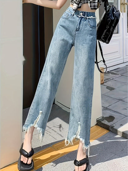 Sixsr Frayed Raw Trim Wide Leg Jeans, High Waist Slant Pocket Elegant Loose Denim Pants, Women's Denim Jeans & Clothing