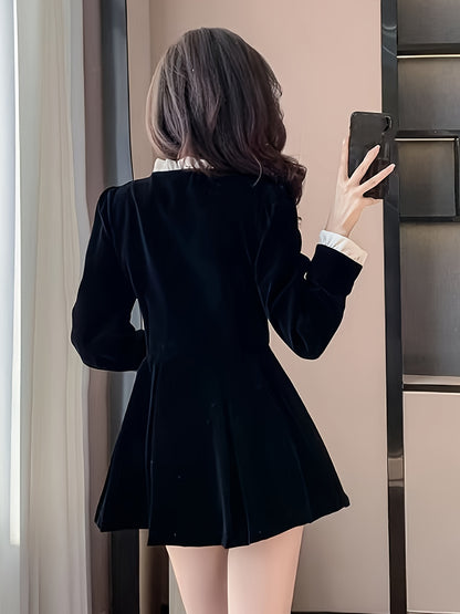 Sixsr Solid Button Front Waist Velvet Dress, Elegant Long Sleeve Frill Trim Dress, Women's Clothing