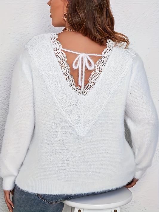 Sixsr Lace Stitching Crew Neck Fuzzy Sweater, Casual Tied Back Long Sleeve Pullover Sweater, Women's Clothing