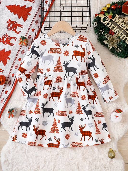 Adorable Reindeer Graphic Crew Neck Long Sleeve Dress for Kids - Soft, Comfortable, and Stylish Fall Christmas Outfit for Girls - Perfect for Holiday Parties and Casual Wear