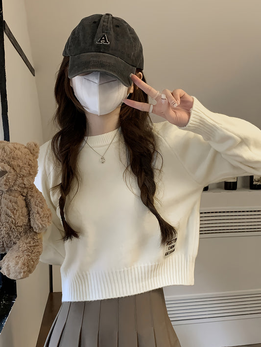 Sixsr Solid Crew Neck Pullover Sweater, Casual Long Sleeve Crop Versatile Sweater, Women's Clothing