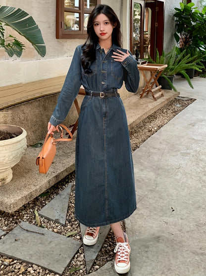 Sixsr Blue Long Sleeves Denim Dress, Retro Style Single Breasted Button Split Lapel Denim Dress, Women's Denim Clothing