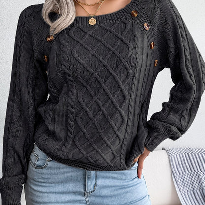 Cozy Women's Sweater with Textured Button Lantern Sleeves