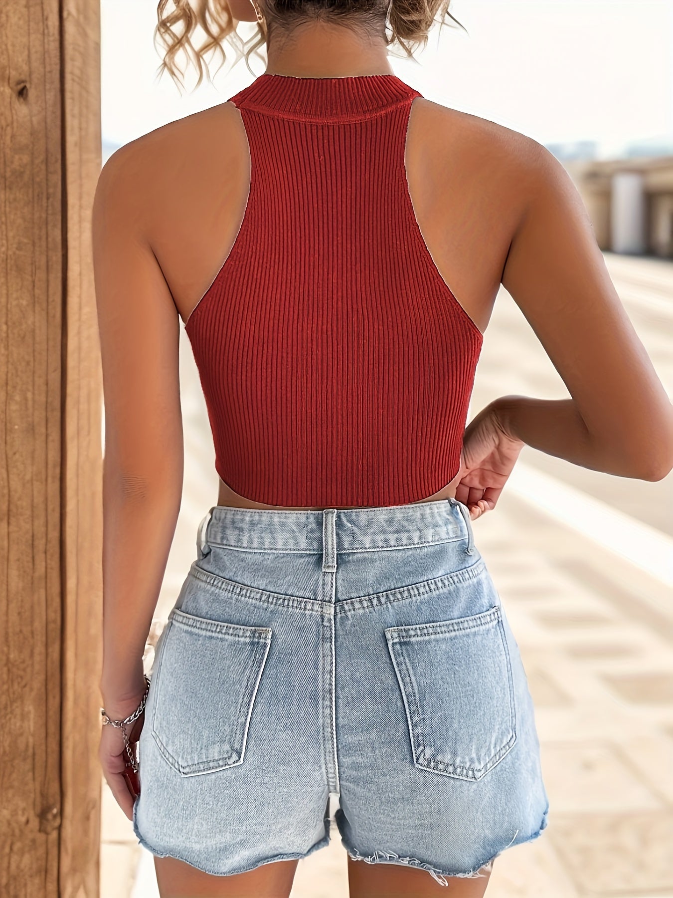 Sixsr  Chain Crisscross Knit Vest, Y2K Sleeveless Mock Neck Crop Tank Top, Women's Clothing