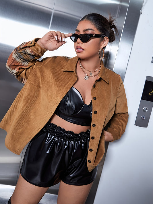 Sixsr Plus Size Casual Jacket, Women's Plus Ribbed Patchwork Long Sleeve Button Up Collared Top