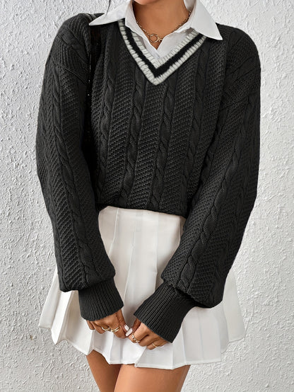 Sixsr Cable Knit V Neck Pullover Sweater, Casual Long Sleeve Loose Sweater, Women's Clothing