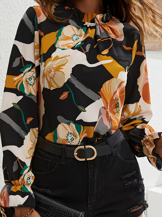 Sixsr Floral Print Keyhole Blouse, Elegant Mock Neck Long Sleeve Blouse, Women's Clothing