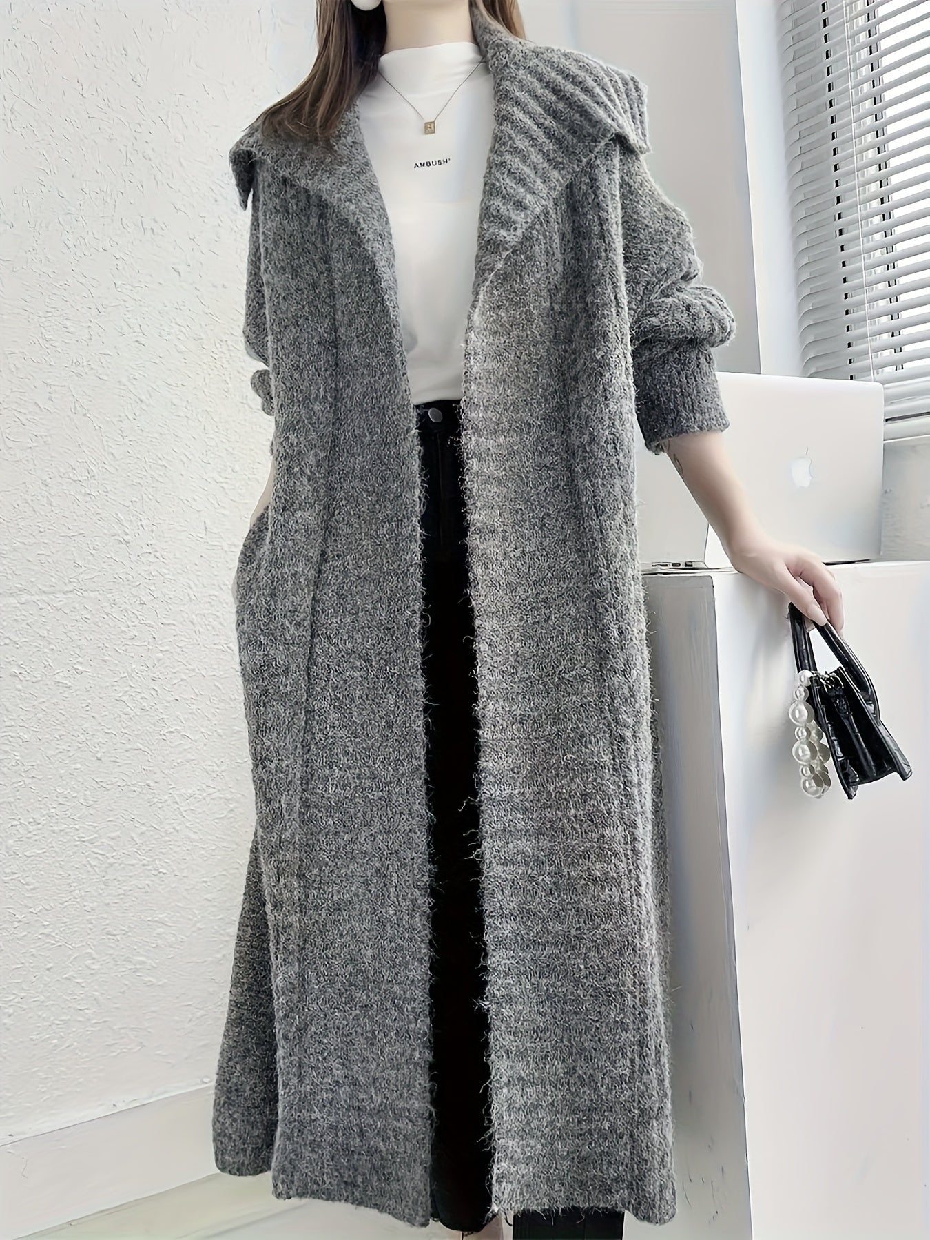 Sixsr Solid Open Front Knit Cardigan, Casual Collared Long Length Thick Sweater Outerwear For Fall & Winter, Women's Clothing