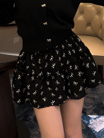 Sixsr Bow Print Ruffle Hem Skirt, Casual Mini Skirt For Summer, Women's Clothing