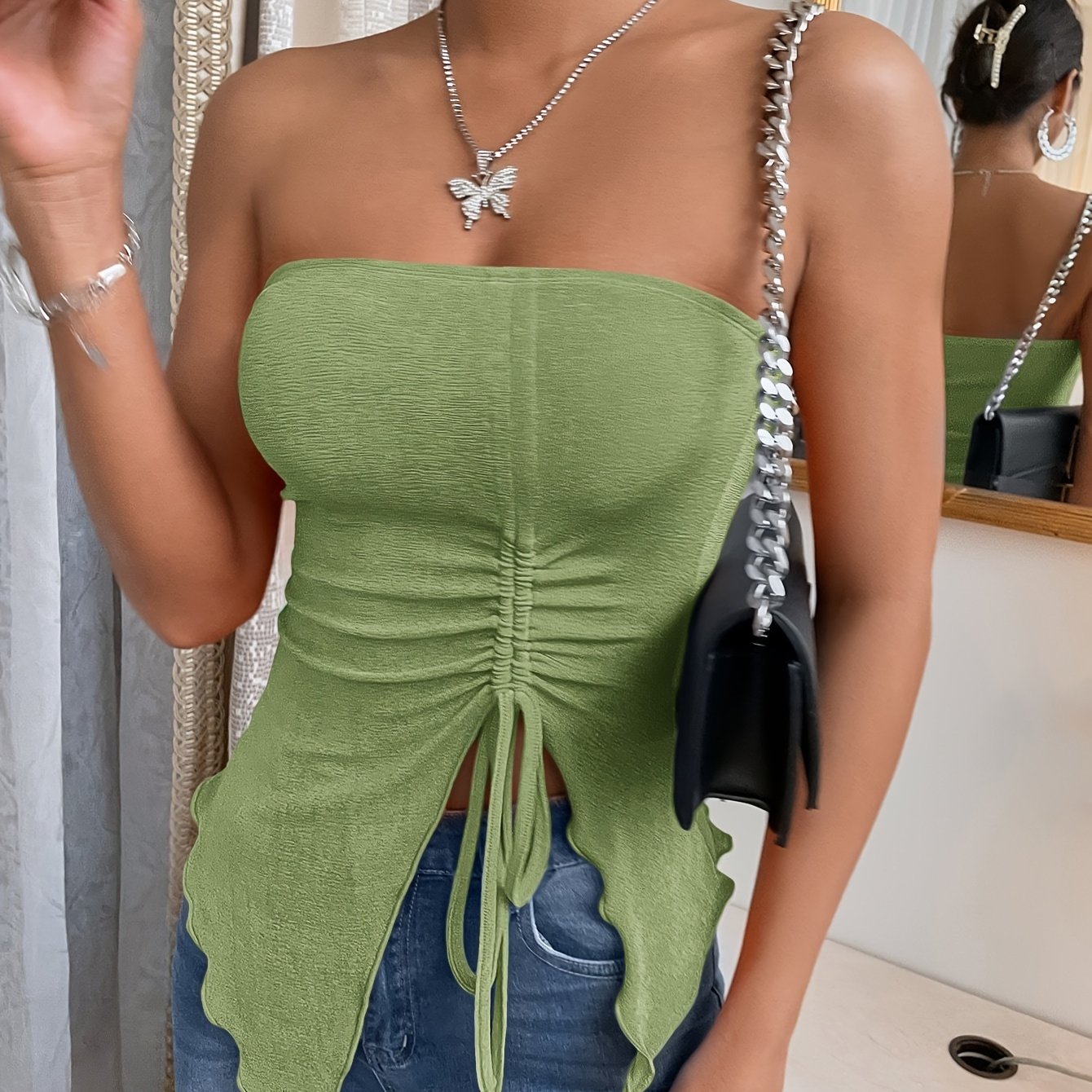 Sixsr  Lettuce Trim Drawstring Ruched Tube Top, Versatile Strapless Solid Tube Top For Summer, Women's Clothing