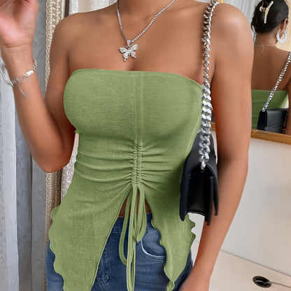 Sixsr  Lettuce Trim Drawstring Ruched Tube Top, Versatile Strapless Solid Tube Top For Summer, Women's Clothing