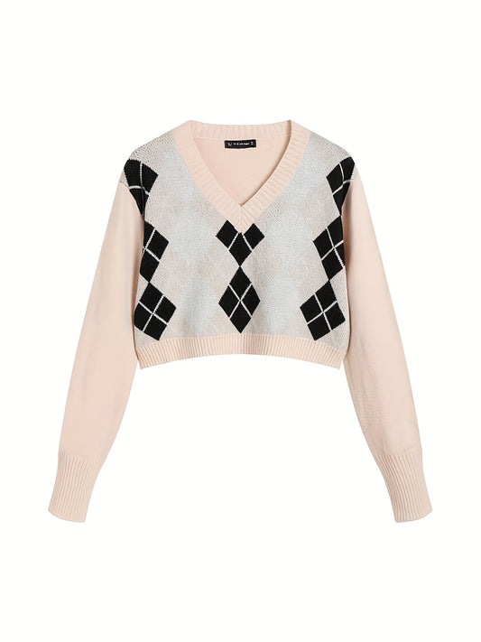 Sixsr Preppy Argyle Plaid Crop Sweater, Vintage V-neck Long Sleeve Sweater, Casual Tops For Fall & Winter, Women's Clothing