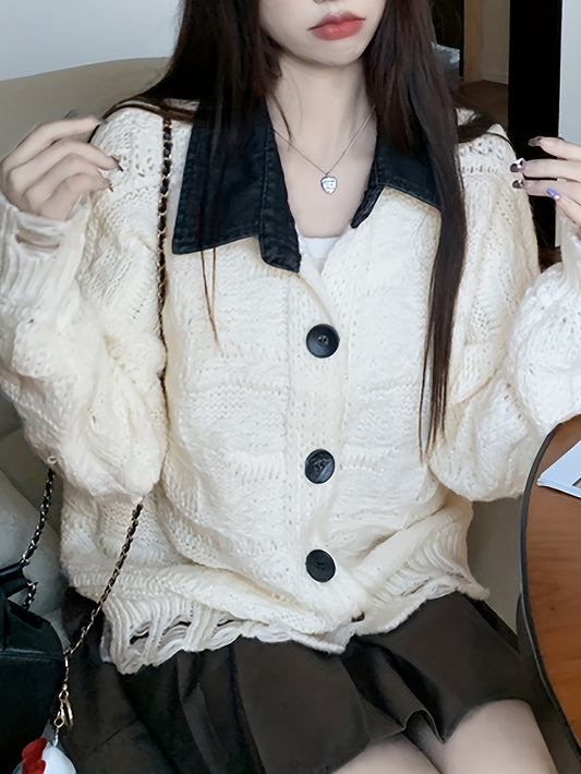 Sixsr Color Block Button Up Knit Cardigan, Casual Turndown Collar Long Sleeve Ripped Sweater, Women's Clothing