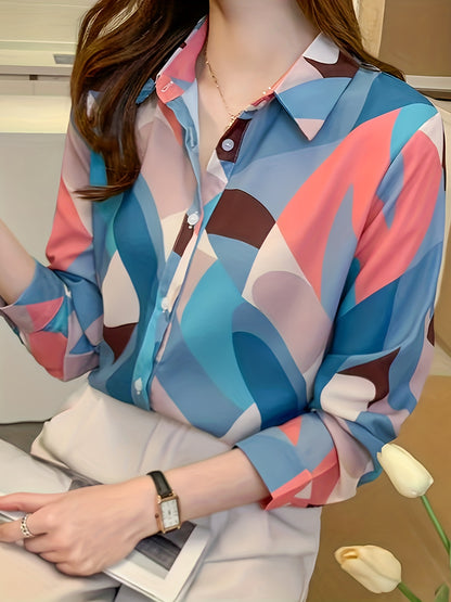 Sixsr Color Block Button Front Shirt, Casual Long Sleeve Shirt For Spring & Fall, Women's Clothing