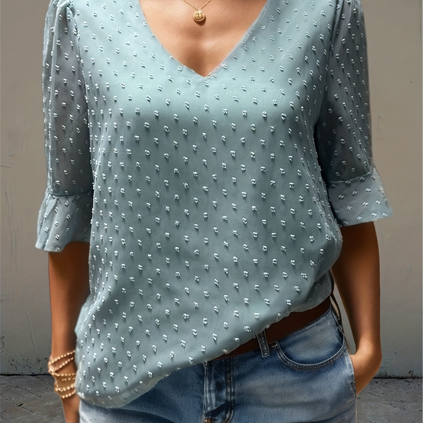 Sixsr V-neck Loose Chiffon Shirt, Casual 3/4 Long Sleeve Fashion Blouses Tops, Women's Clothing