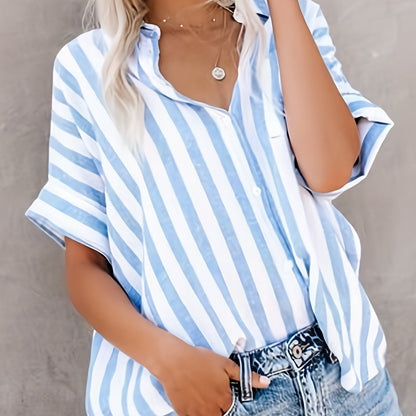 Sixsr Button Up Striped Shirt, Loose Casual Top For Spring & Summer, Women's Clothing