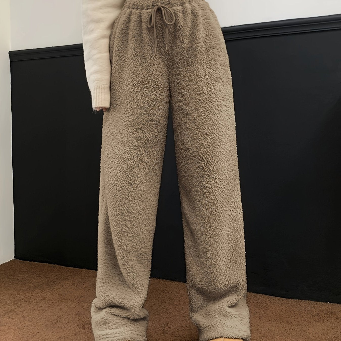 Sixsr Solid Teddy Drawstring Pants, Casual Straight Leg High Waist Pants, Women's Clothing